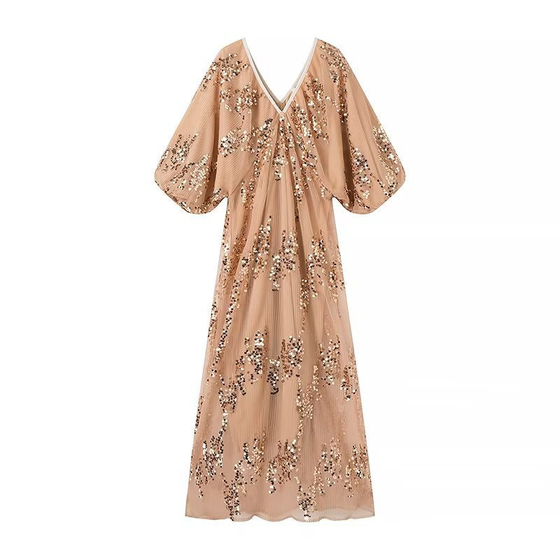 Damen Maxikleid mit voluminösen Puffärmeln und floralem Strassdesign R&B