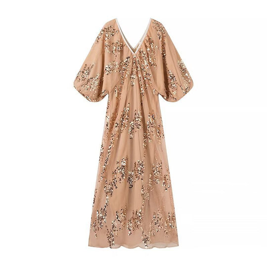 Damen Maxikleid mit voluminösen Puffärmeln und floralem Strassdesign R&B