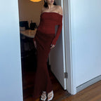 Damen Elegantes Maxikleid mit schulterfreiem Design und gerafften Details R&B
