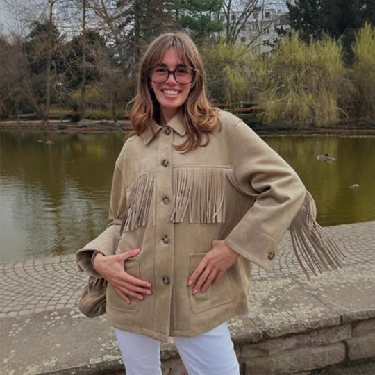 Damen geschmackvolle Kunstlederjacke mit Fransen R&B
