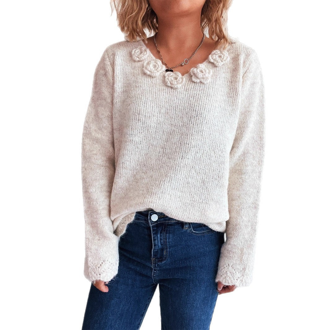 Damen Pullover mit romantischen Rosenapplikationen und weitem Schnitt R&B