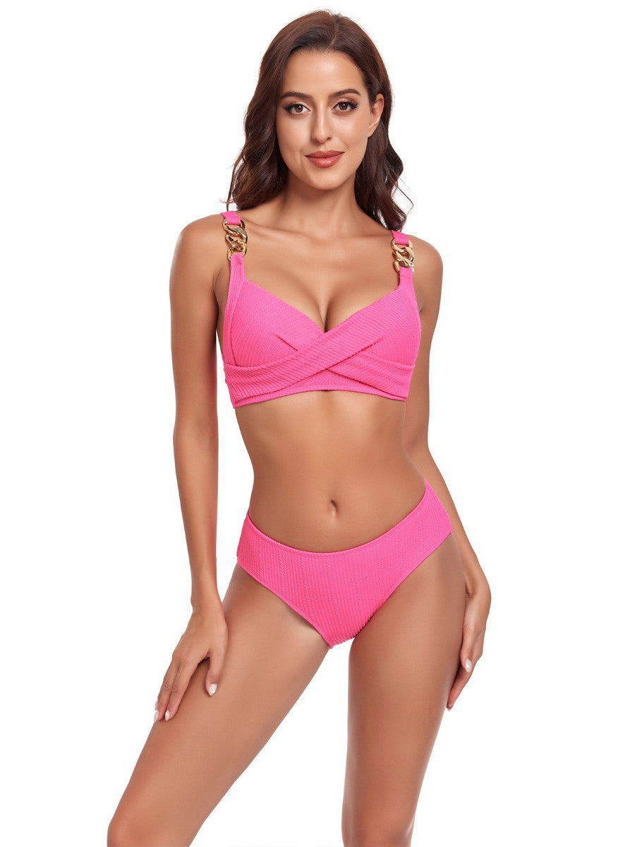 Damen Bikini-Set mit gekreuztem Oberteil und dekorativen Schnallen R&B