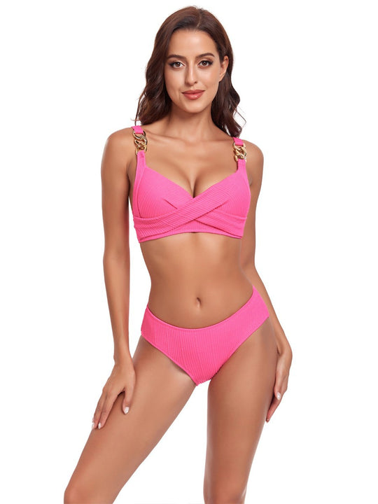 Damen Bikini-Set mit gekreuztem Oberteil und dekorativen Schnallen R&B