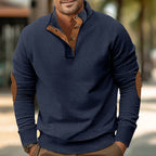 Herren nan gerippter Stehkragen-Strickpullover mit verdeckter Knopfleiste und Lederimitat-Ellenbogenbesatz R&B