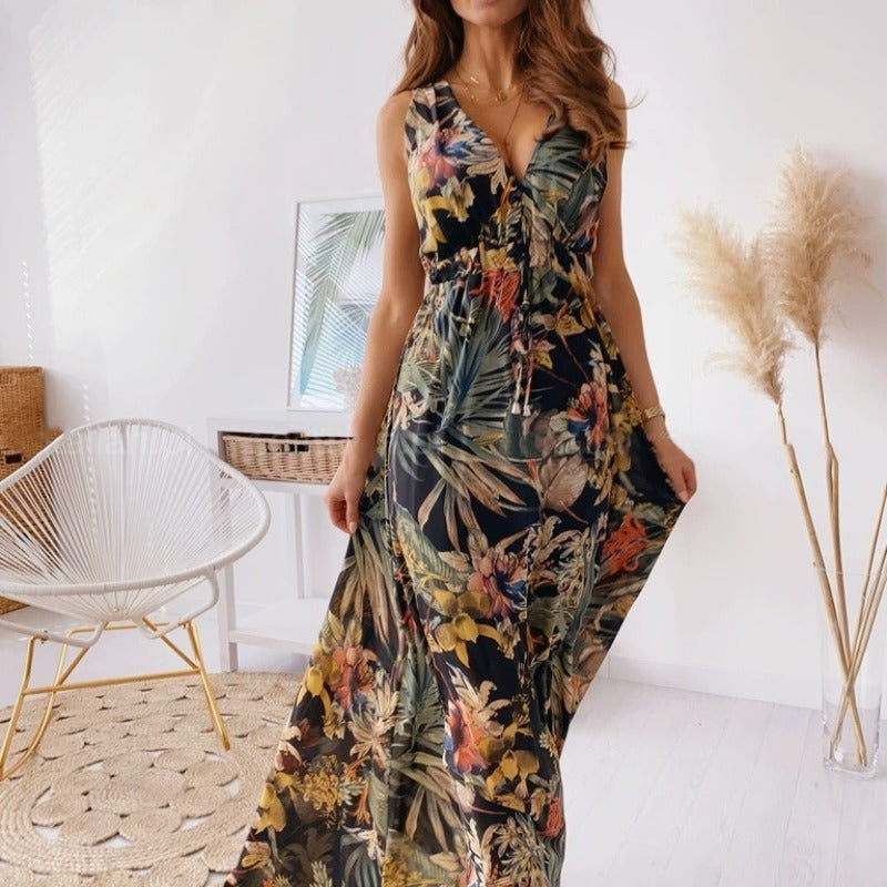 Damen Maxikleid mit floralen Mustern und tailliertem Oberteil R&B