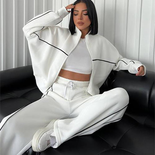 Damen lässiges Crop-Sweat-Set mit weitem Schnitt und hohem Kragen R&B