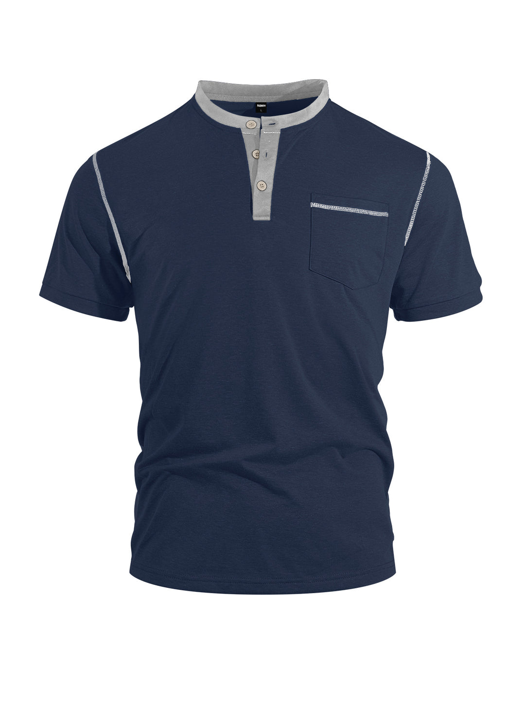 Herren nan legeres Kurzarm-Bandkragenshirt mit Knopfleiste Brusttasche und Flatlocknähten R&B
