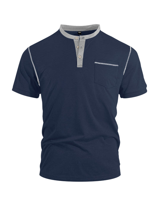Herren nan legeres Kurzarm-Bandkragenshirt mit Knopfleiste Brusttasche und Flatlocknähten R&B