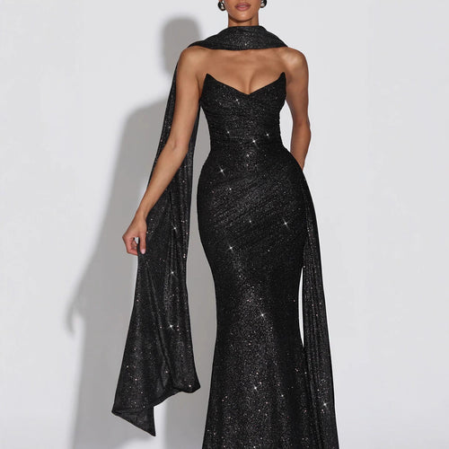Damen Glamouröses Abendkleid mit tiefem V-Ausschnitt und schimmerndem Überwurf R&B