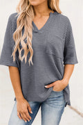 Damen casual V-Ausschnitt Oberteil mit strukturiertem Stoff und Seitennahttaschen R&B