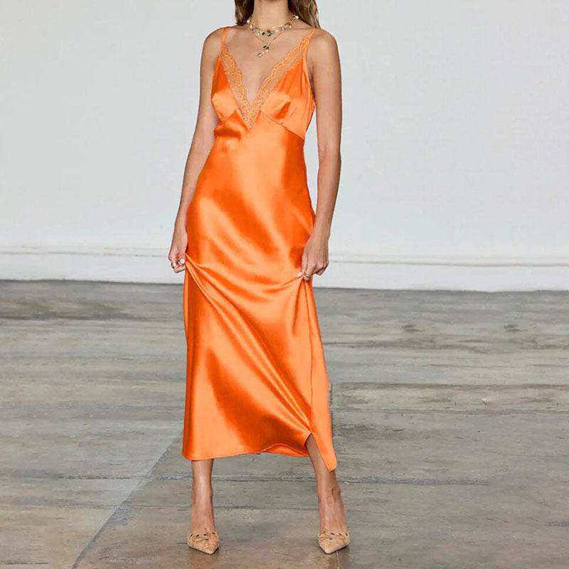Damen Elegantes Satin-Maxikleid mit transparenter Spitze R&B