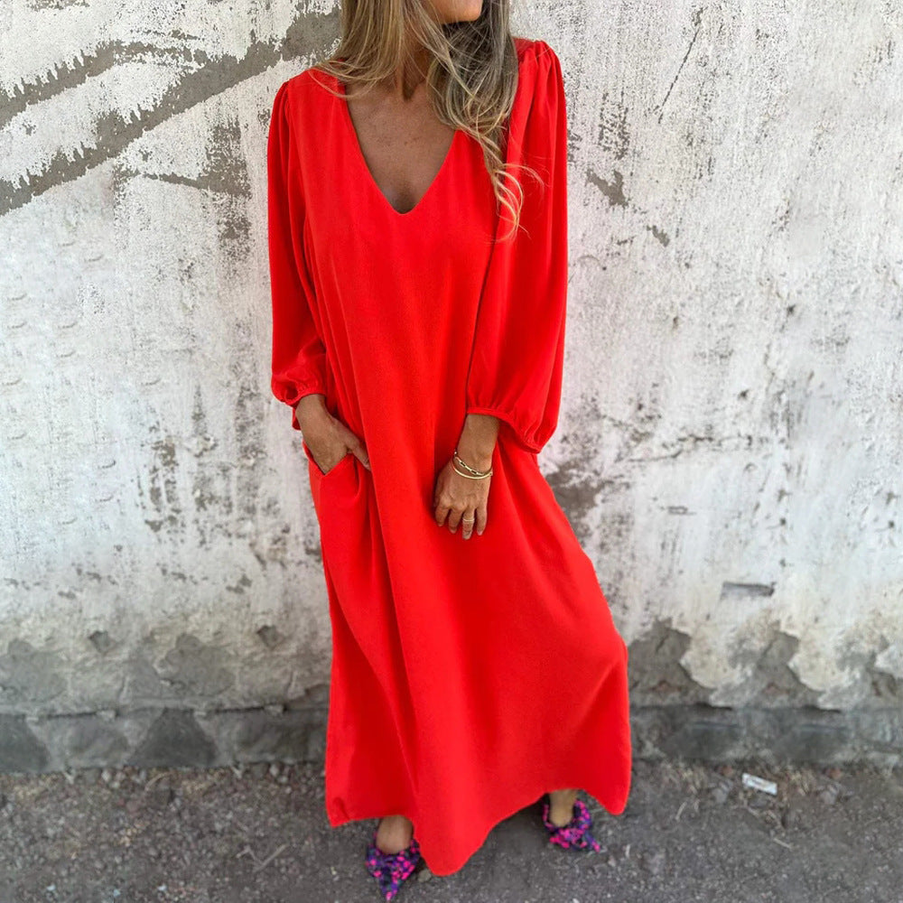 Damen Maxikleid mit tiefem V-Ausschnitt und lässigen Taschen R&B