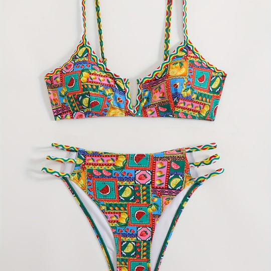 Damen Bikini-Set mit buntem Fruchtmuster und raffinierten Trägerdetails R&B