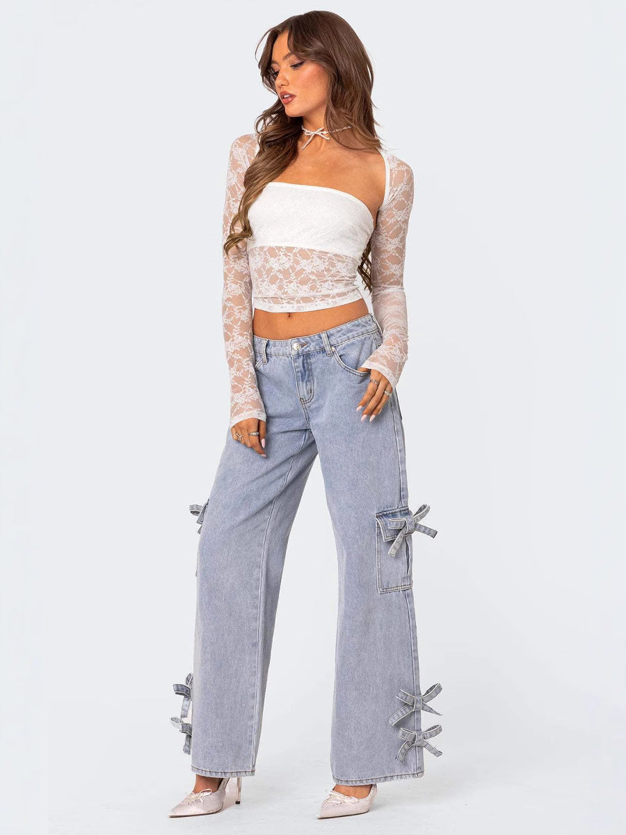 Damen Trendige Spitzenbluse mit langen Ärmeln und dekorativen Details R&B
