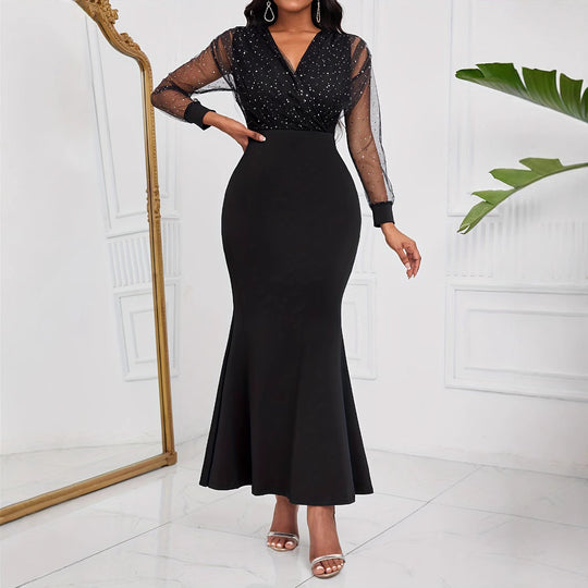 Damen Schickes Abendkleid mit transparenten Puffärmeln und Glitzerakzenten R&B