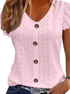 Damen luftige Bluse mit filigranem Lochmuster und Knopfdetails R&B