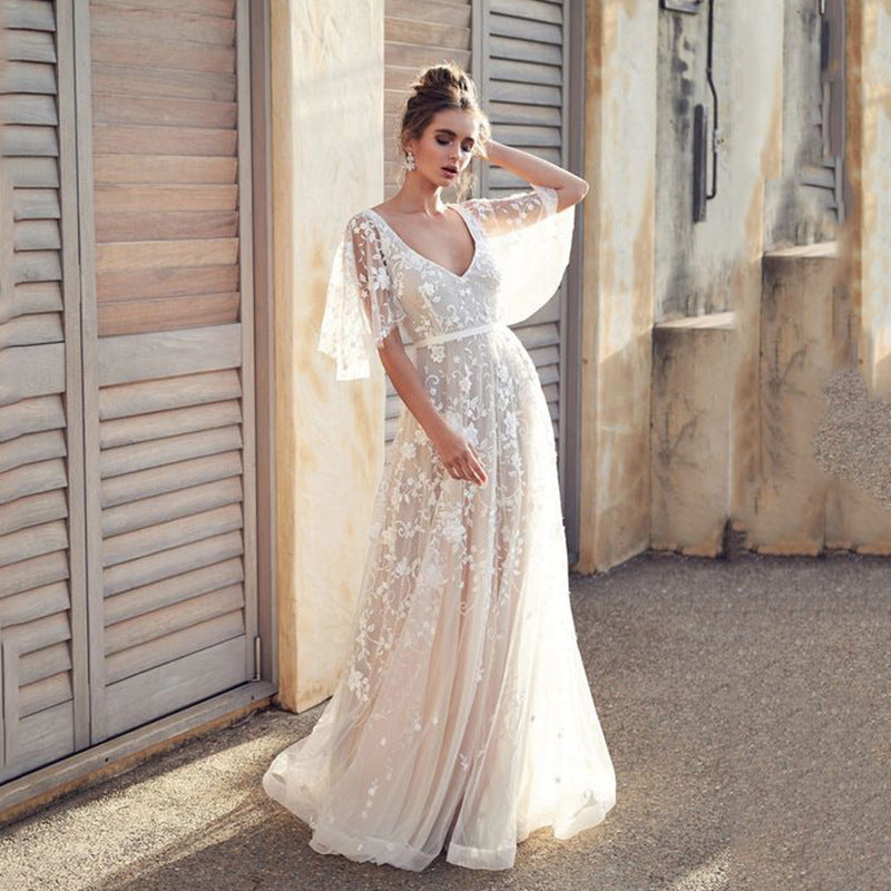 Damen Elegantes Maxikleid mit floralem Spitzenmuster und sanften Ärmeln R&B