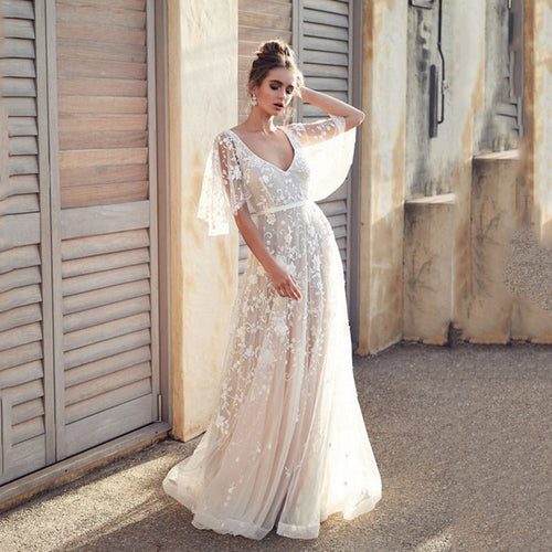 Damen Elegantes Maxikleid mit floralem Spitzenmuster und sanften Ärmeln R&B