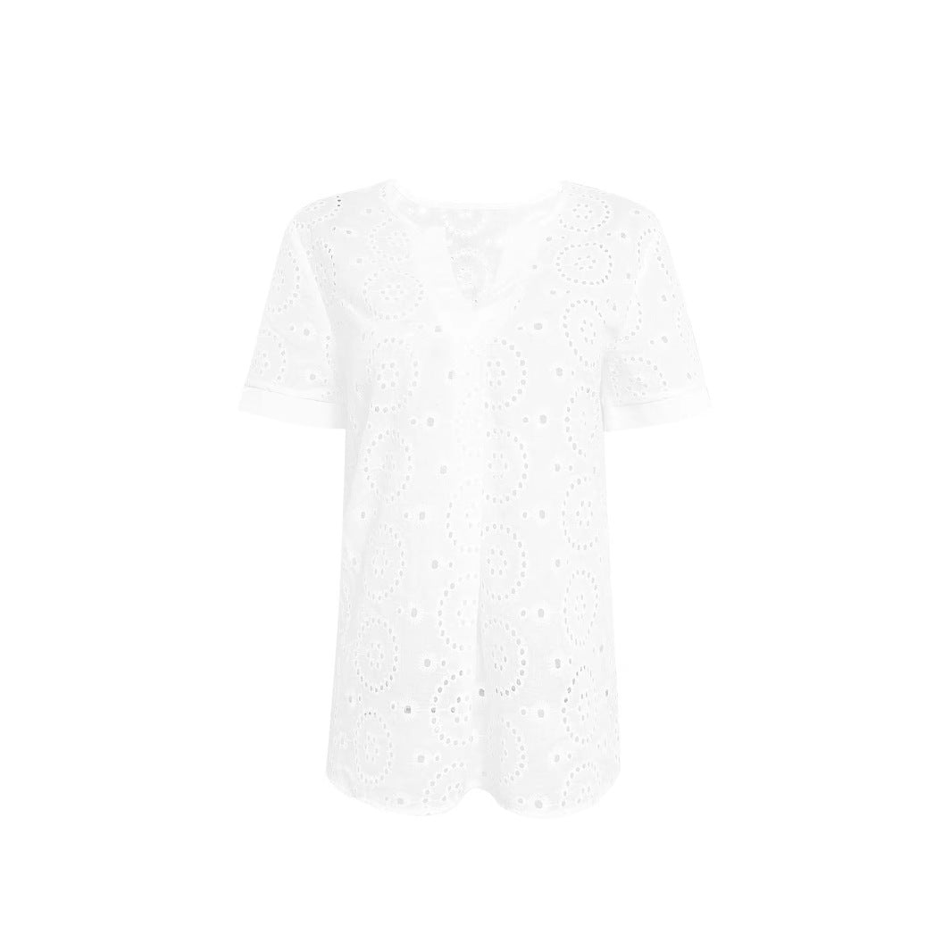 Damen Bluse mit floralen Lochstickereien und V-Ausschnitt R&B