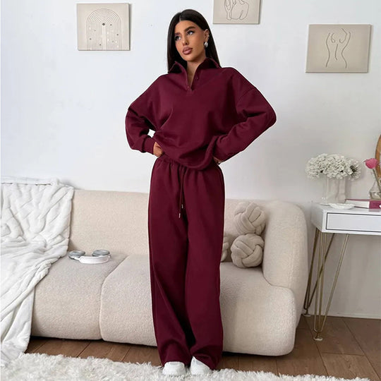 Damen bequemer Polopullover und entspannte Hose Set R&B