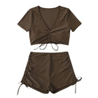 Damen Crop-Top Bikini-Set mit verstellbaren Rüschen und hoch tailliertem Slip R&B