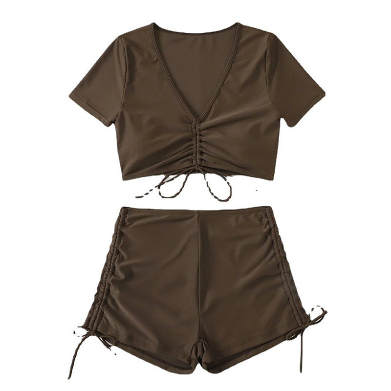 Damen Crop-Top Bikini-Set mit verstellbaren Rüschen und hoch tailliertem Slip R&B