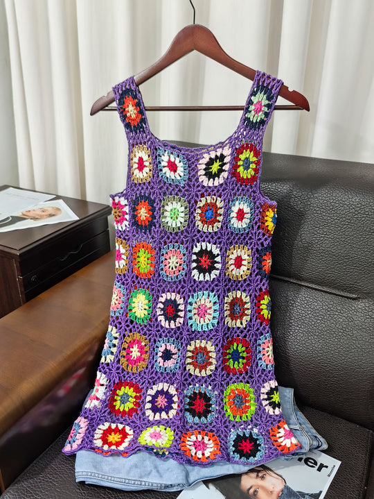 Damen luftiges Häkelkleid mit buntem Granny-Quadrat-Muster R&B