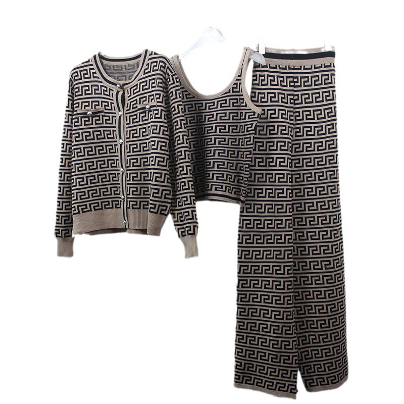 Damen modisches Strick-Loungewear-Set mit geometrischem Muster und schmalem Schnitt R&B