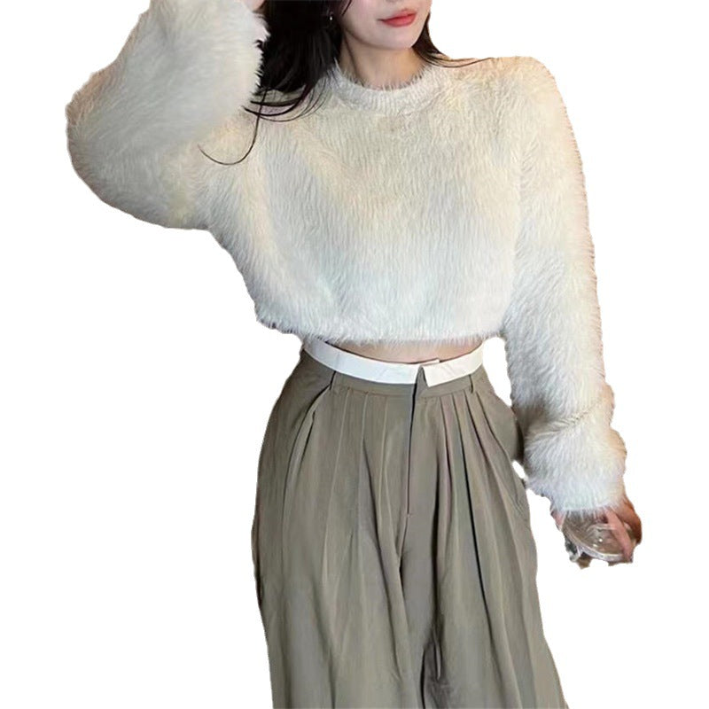 Damen modischer cropped Pullover mit weichem Flausch-Material R&B
