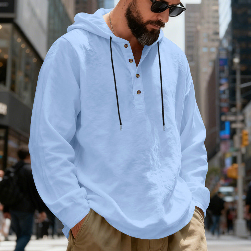 Herren nan leichter Kapuzenshirt mit Knopfleiste aus Leinenmischung und entspanntem Schnitt R&B