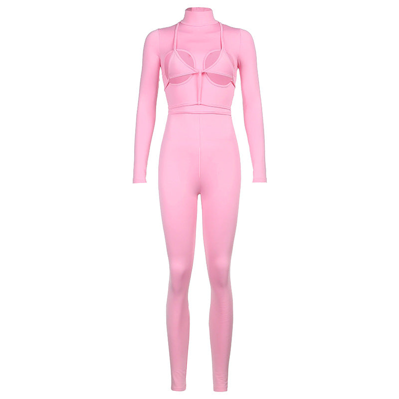 Damen modisches Sport-Set mit High-Neck-Oberteil und Figurbetonter Hose R&B