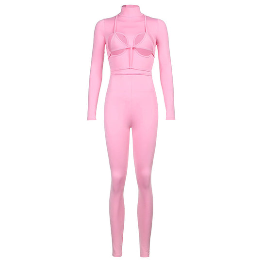 Damen modisches Sport-Set mit High-Neck-Oberteil und Figurbetonter Hose R&B