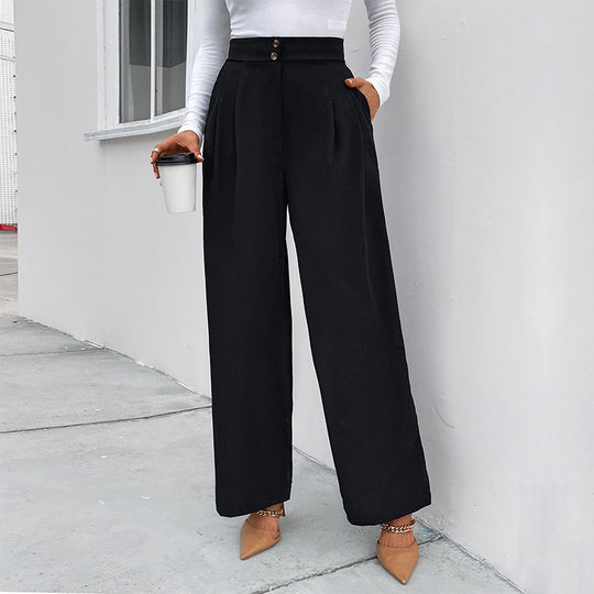 Damen elegante Hochtaillen-Breite Hose mit strukturiertem Stoff und dekorativen Knopfdetails R&B