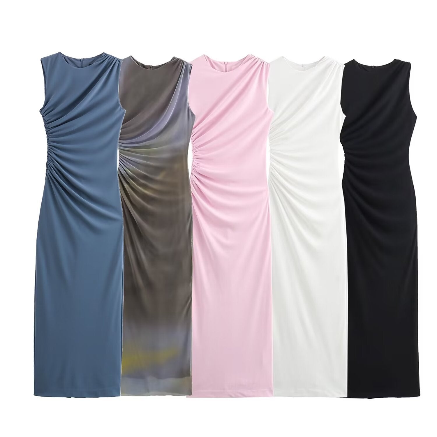 R&B | Einfarbiges Rundhalsausschnitt Ärmelloses Faltendes Slim Fit Kleid