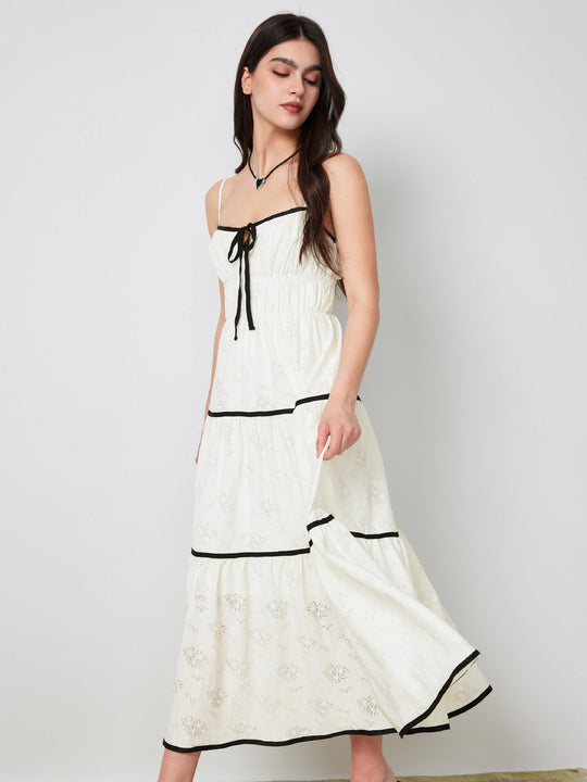 Damen Maxi-Kleid mit feinem Blumendruck und Kontrastbändern R&B
