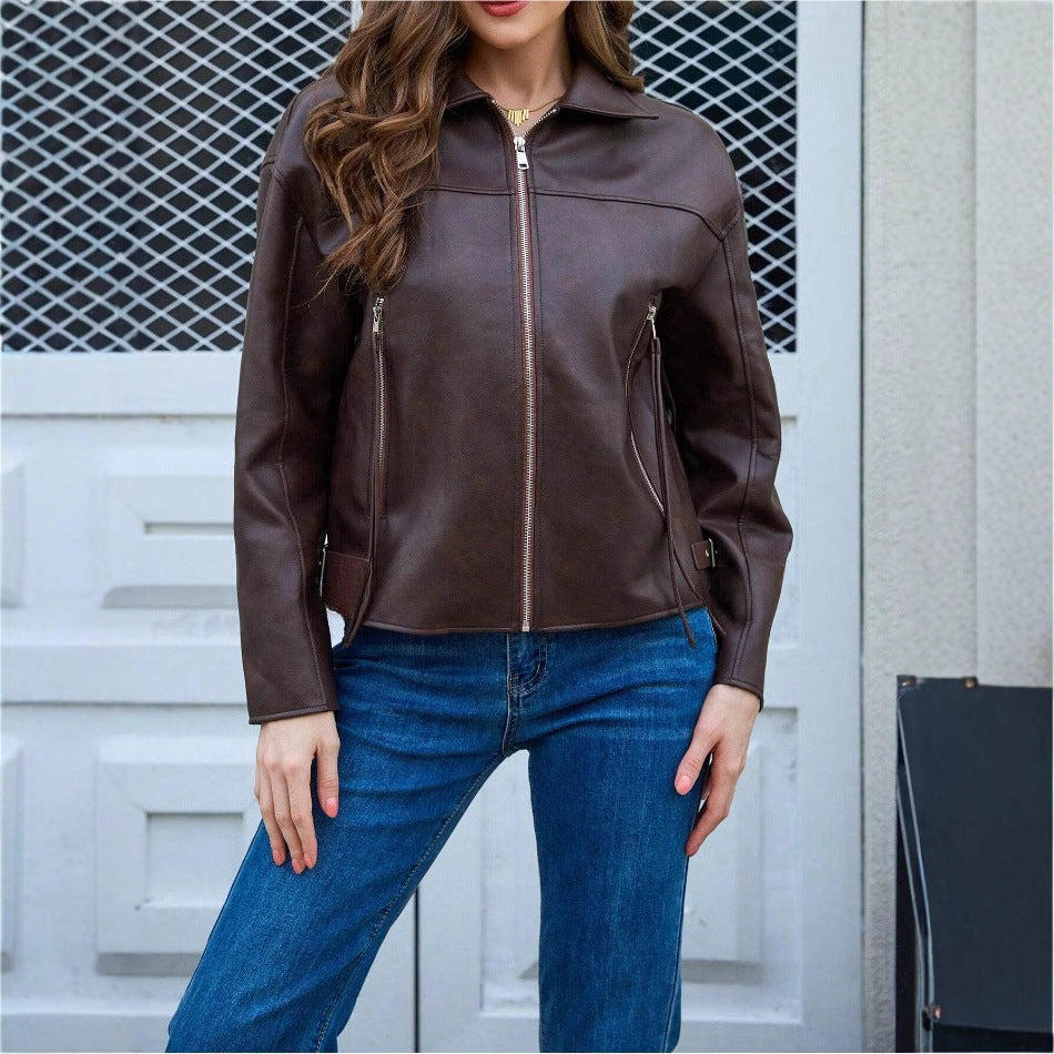 Damen modische Kunstlederjacke im lässigen Schnitt R&B