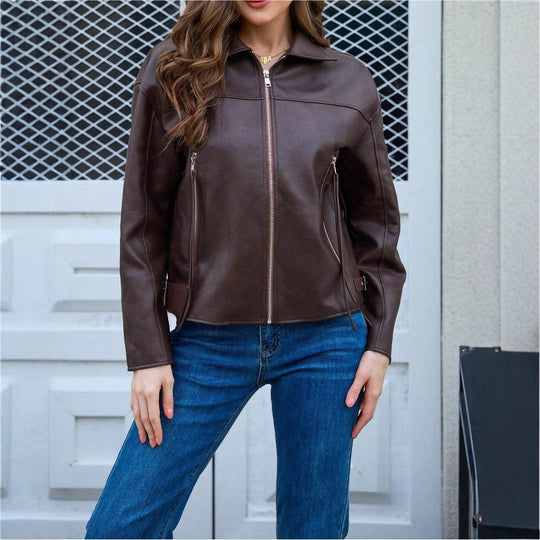 Damen modische Kunstlederjacke im lässigen Schnitt R&B