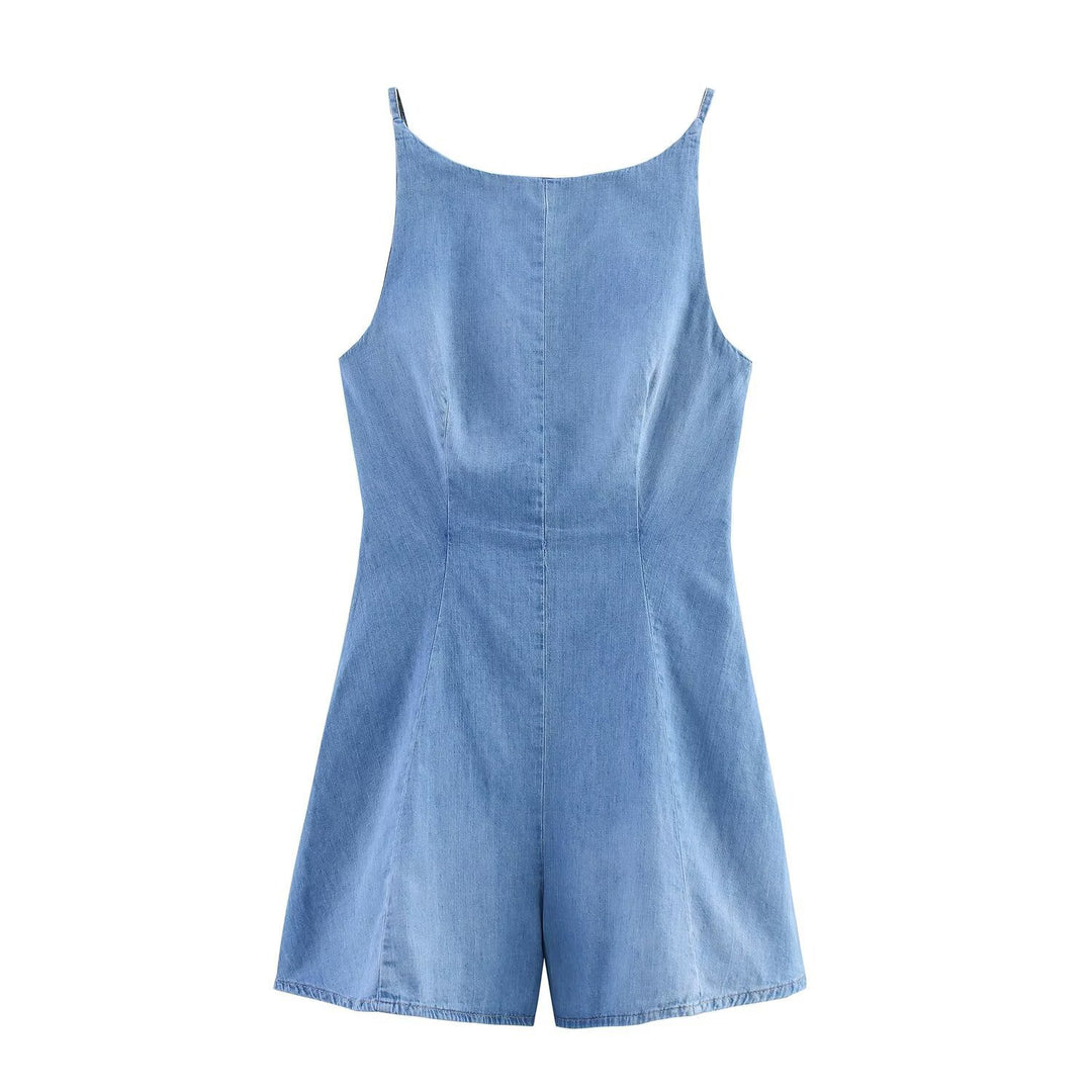 Damen Denim Jumpsuit mit schmalem Schnitt und verstellbaren Trägern R&B