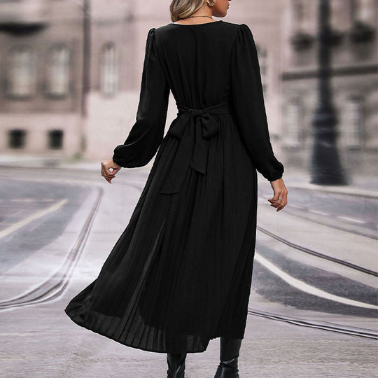 Damen Maxikleid mit V-Ausschnitt und langen Ärmeln R&B