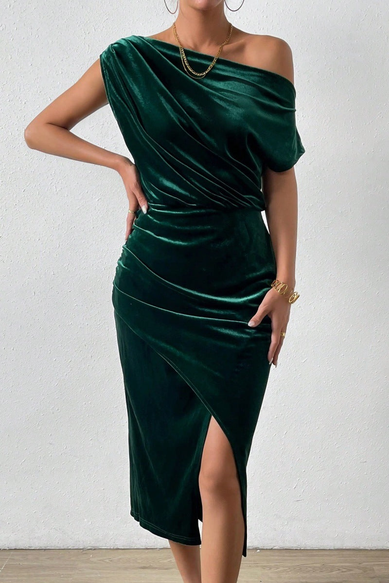 Damen Elegantes Schulterfreies Midikleid im Fließenden Design R&B
