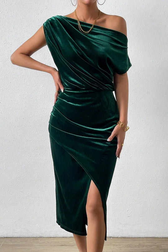Damen Elegantes Schulterfreies Midikleid im Fließenden Design R&B