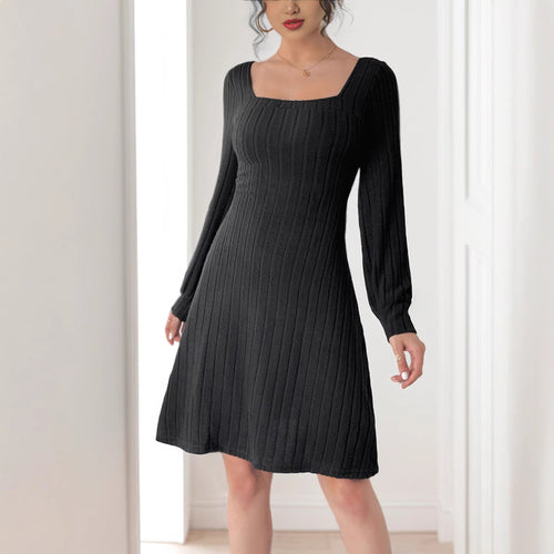 Damen Strickkleid mit quadratischem Ausschnitt und langen Ärmeln R&B