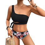 Damen Einseitiger Bikini mit floralem Design und seitlichem Knoten R&B