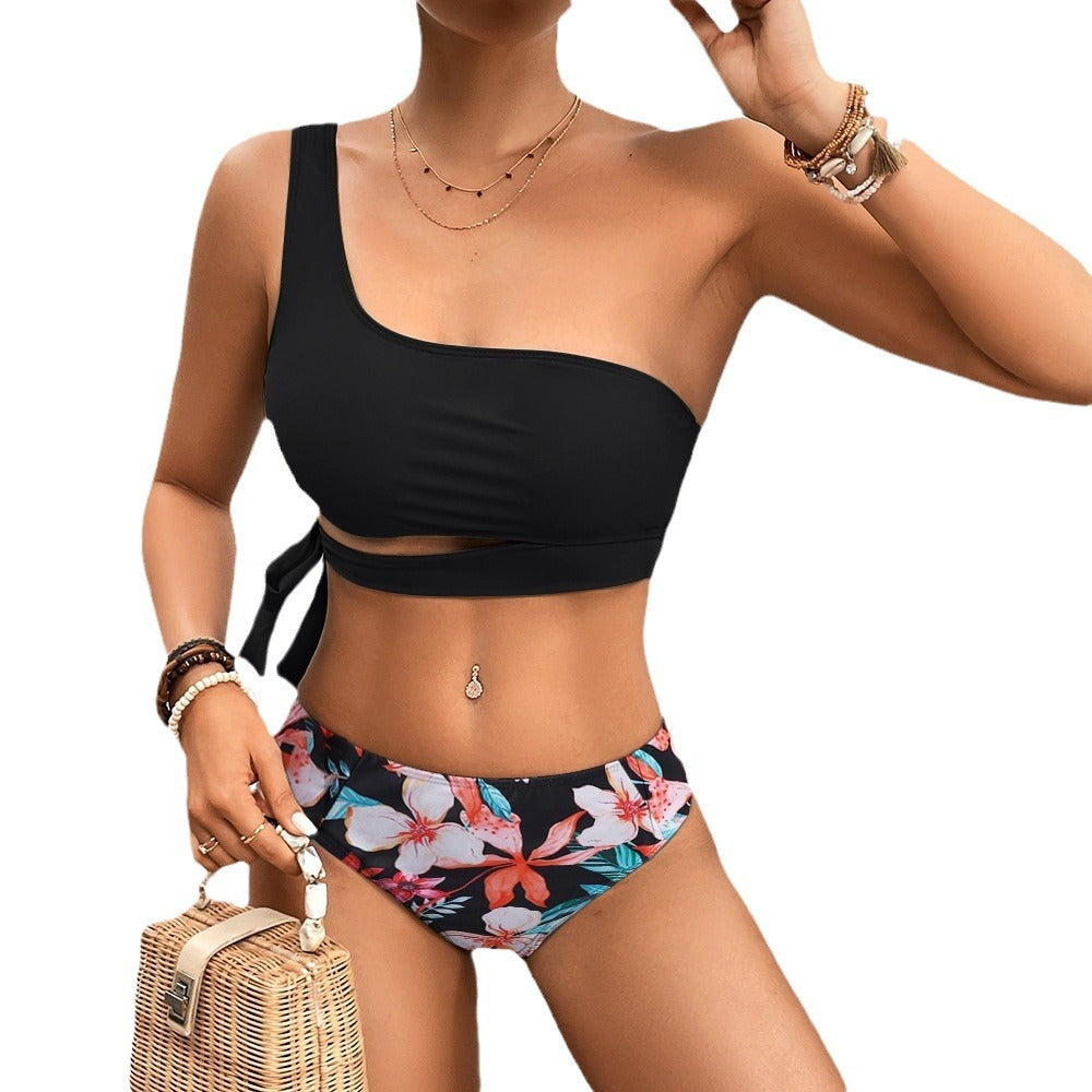 Damen Einseitiger Bikini mit floralem Design und seitlichem Knoten R&B
