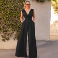 Damen Jumpsuit mit tiefem V-Ausschnitt und weit geschnittenem Bein R&B