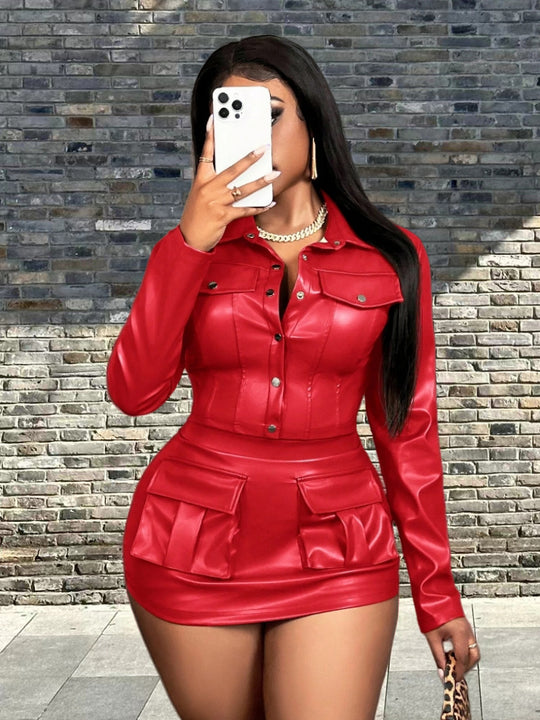 Damen Kunstleder Minikleid mit praktischen Klappentaschen R&B