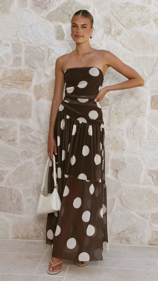 Damen Maxikleid mit schulterfreiem Schnitt und verspieltem Punktenmuster R&B