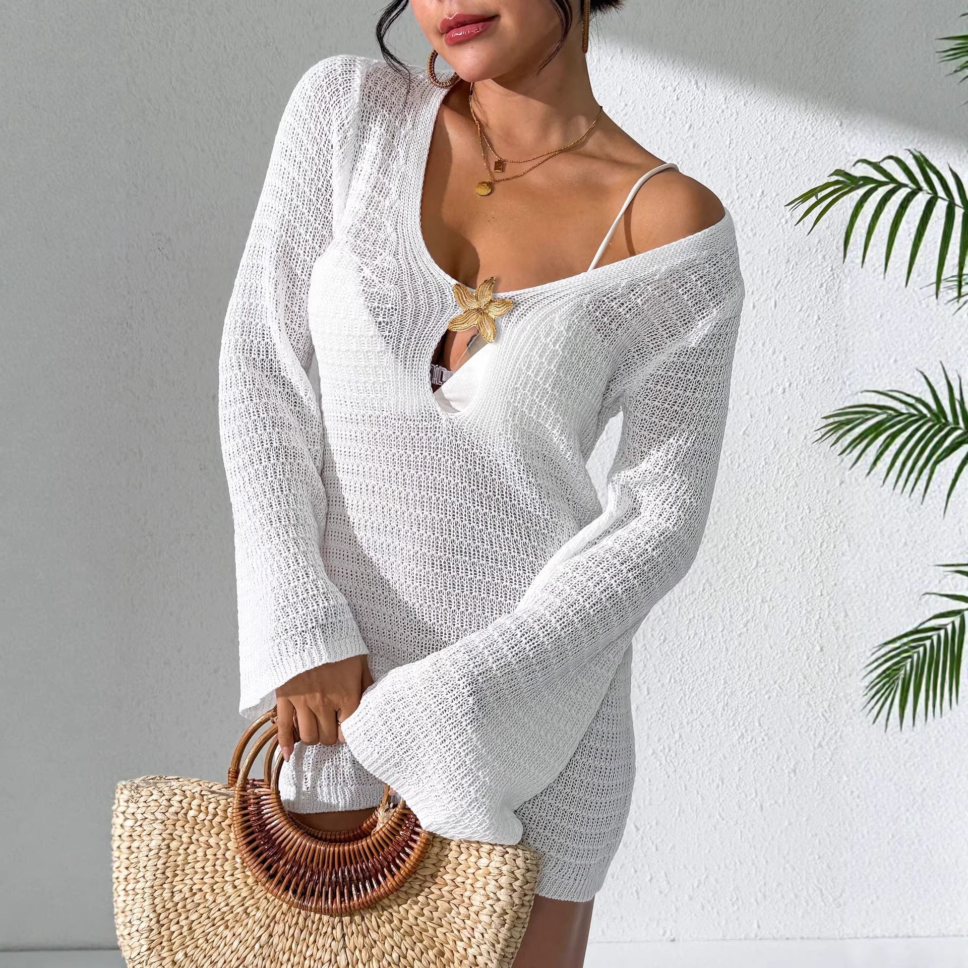 Damen gehäkeltes Strandkleid mit elegantem V-Ausschnitt und langen Ärmeln R&B