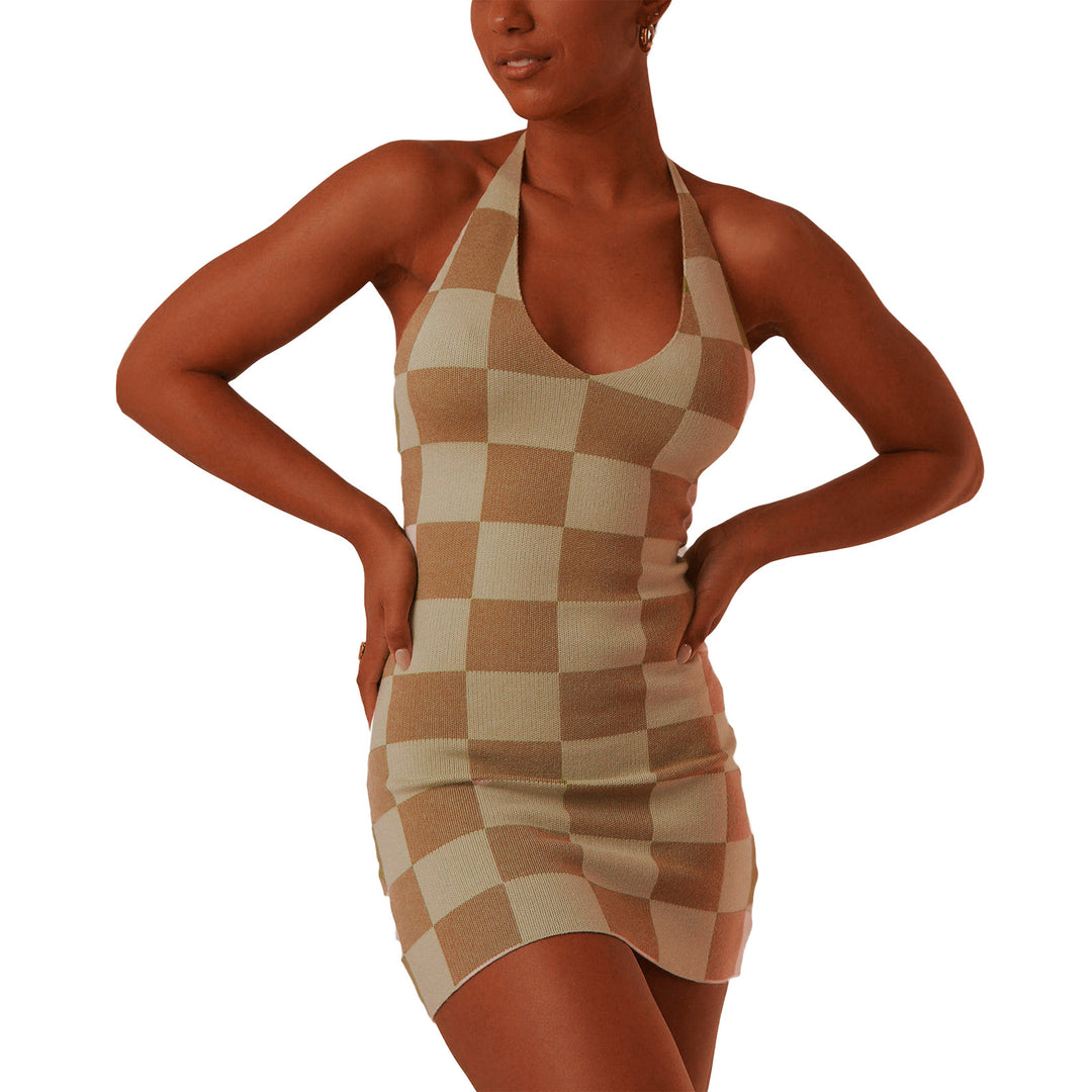 Damen enganliegendes Karomuster-Kleid mit tiefem V-Ausschnitt R&B