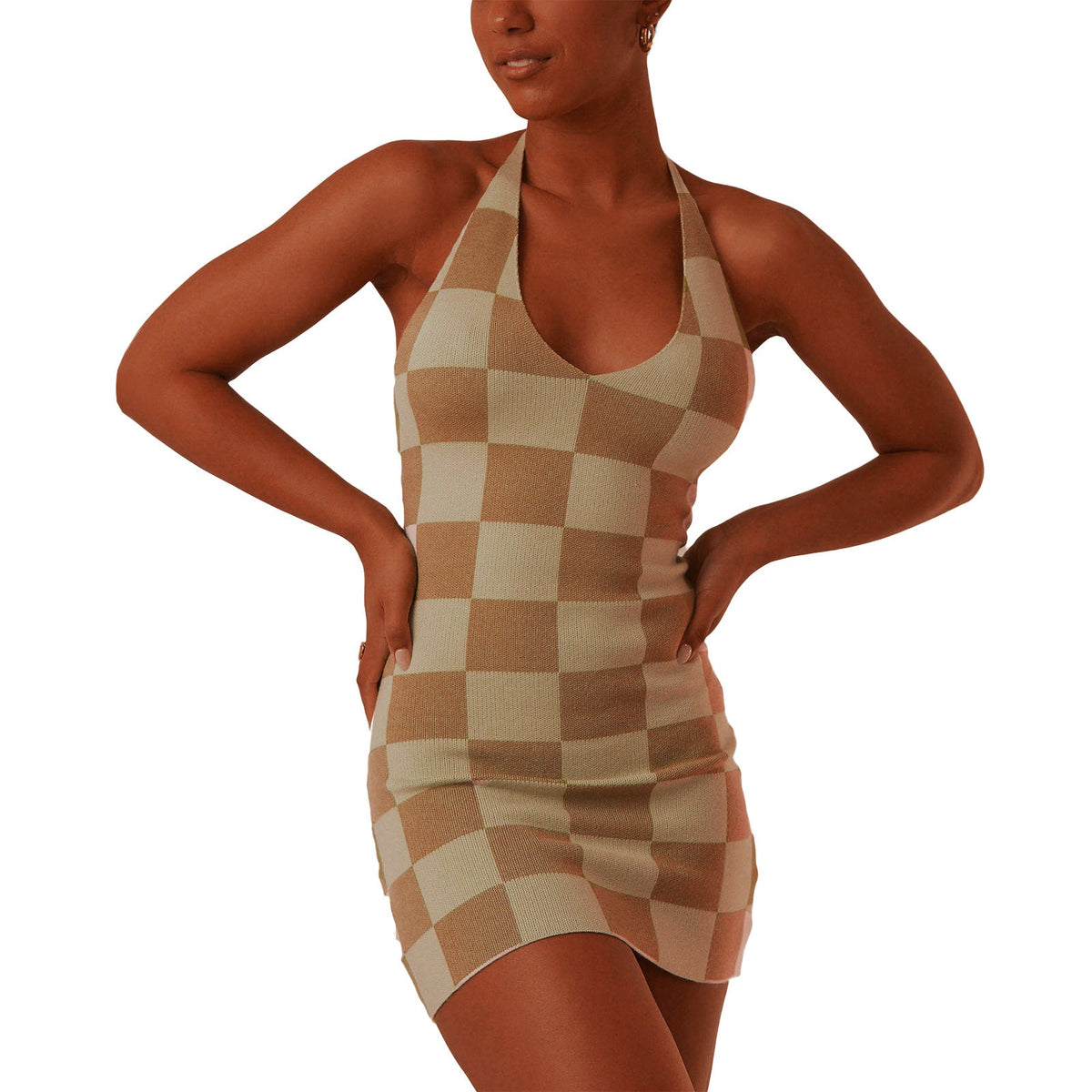 Damen enganliegendes Karomuster-Kleid mit tiefem V-Ausschnitt R&B